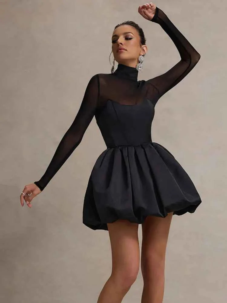 Mozision Turtleneck Sheer Long Sleeve Sexy Mini Dress For Black See Through High Waist A-line Dress