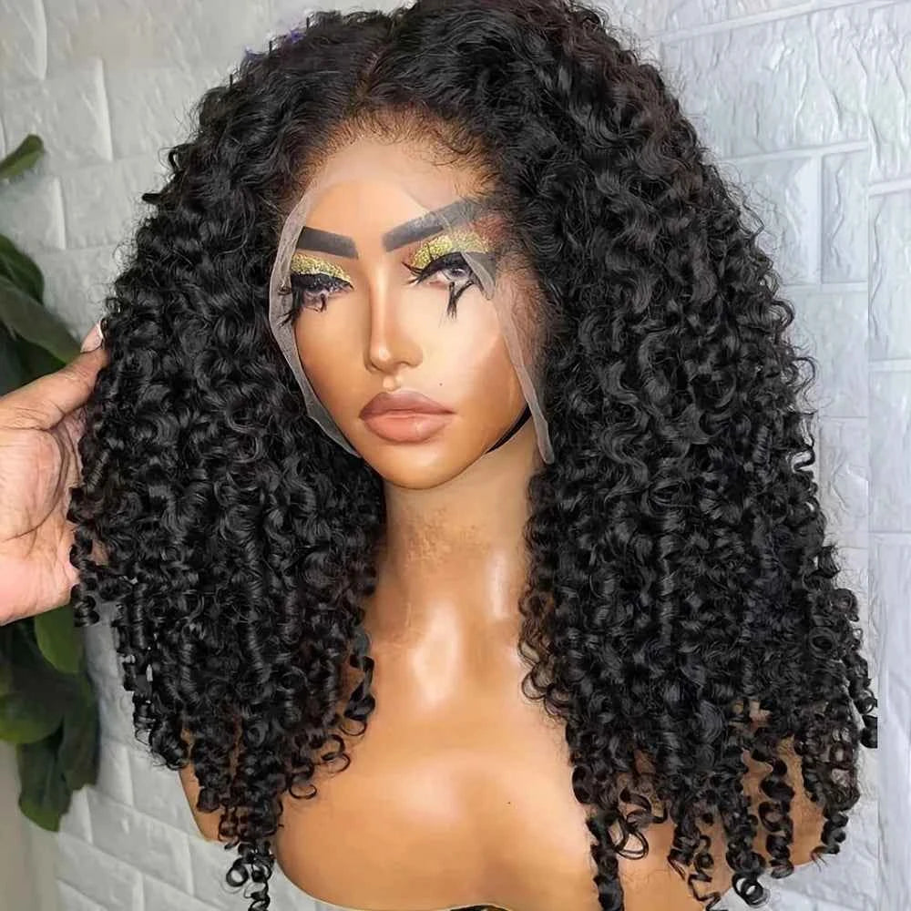 Black Soft Preplucked Soft 26“Long Kinky Curly 180Density Lace Front Wig Synthetic For Women Heat Resistant Glueless