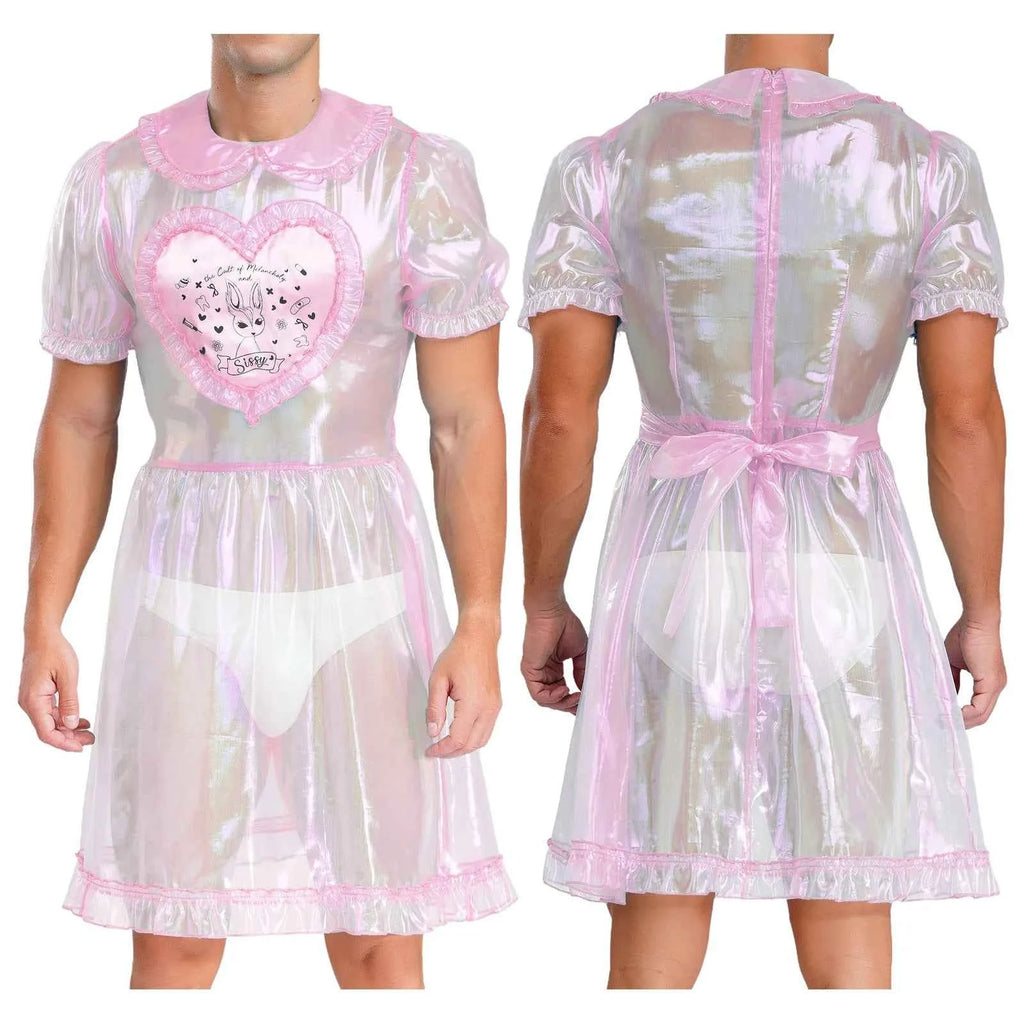 Mens Adult Organza Sissy Corssdresser  Collar Puff Sleeve Flare A-line
