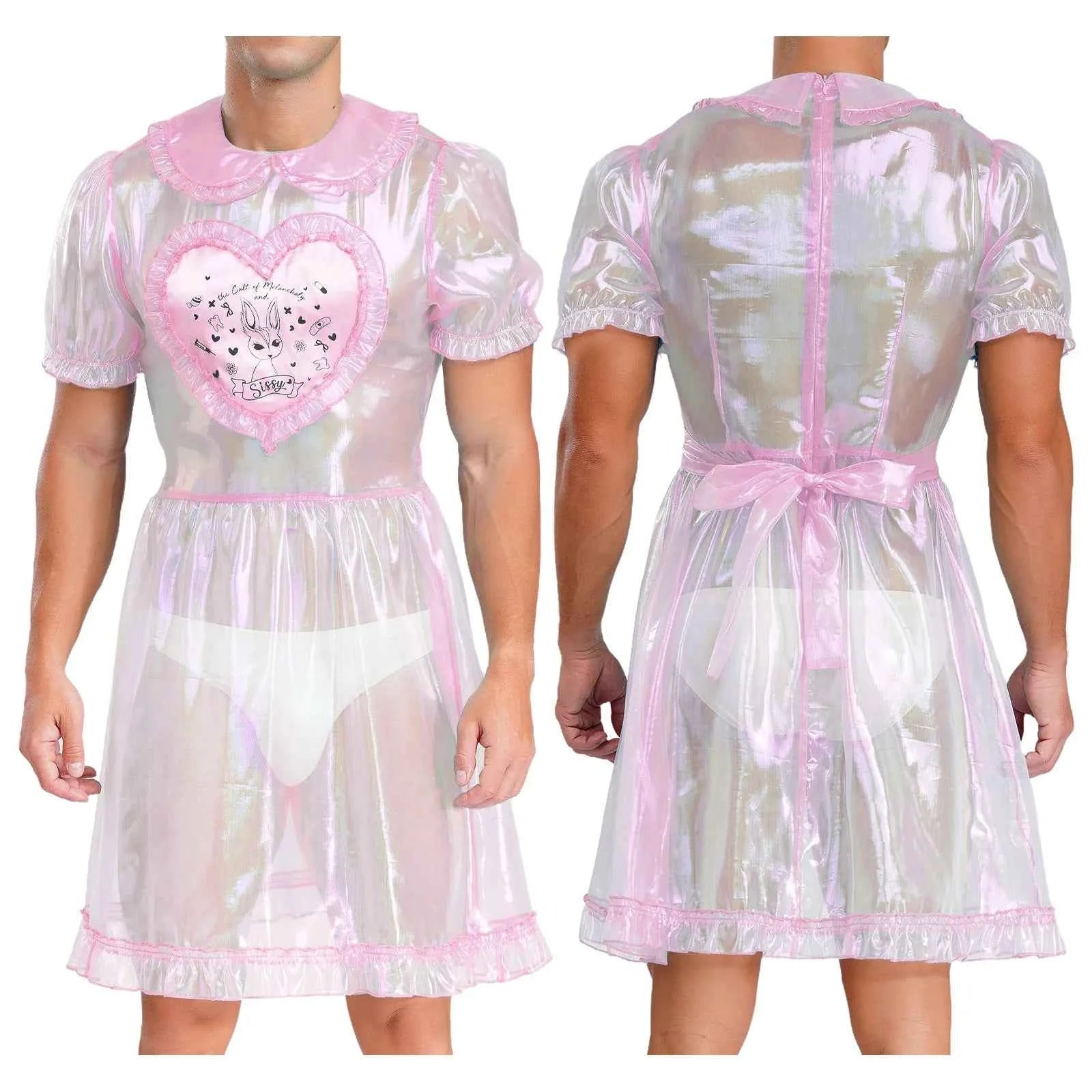 Mens Adult Organza Sissy Corssdresser  Collar Puff Sleeve Flare A-line