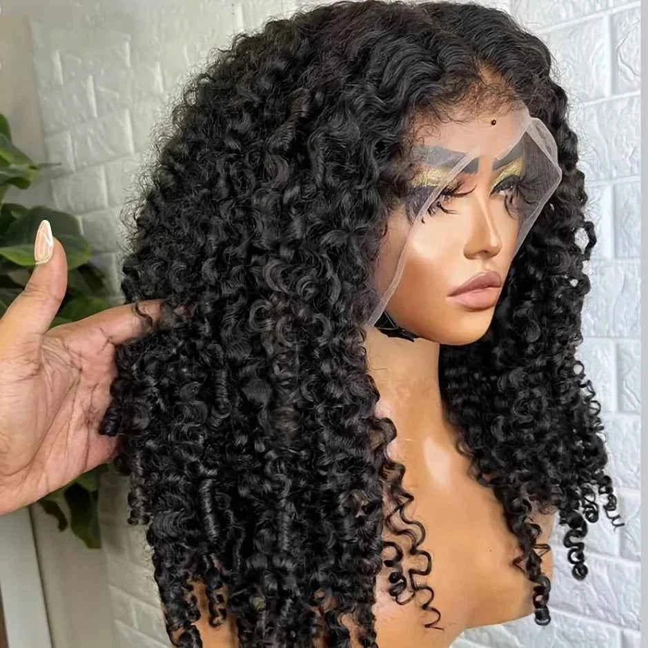 Black Soft Preplucked Soft 26“Long Kinky Curly 180Density Lace Front Wig Synthetic For Women Heat Resistant Glueless
