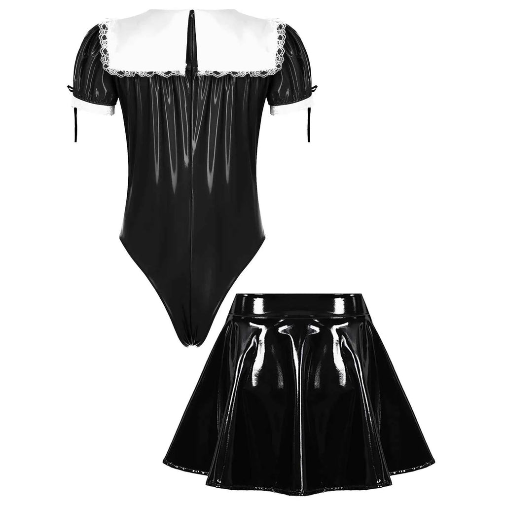Men Maid Uniform Sissy Set Wetlook Patent Leather Bodysuit Leotard with Flared Skirt Crossdresser