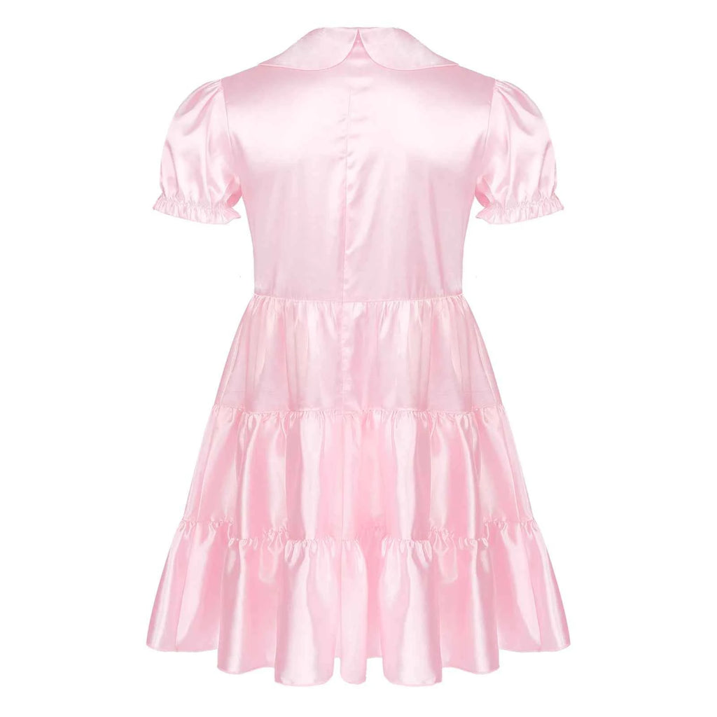 Mens Sissy Crossdress Dress Satin Puff Sleeve Bowknot Ruffle Dress