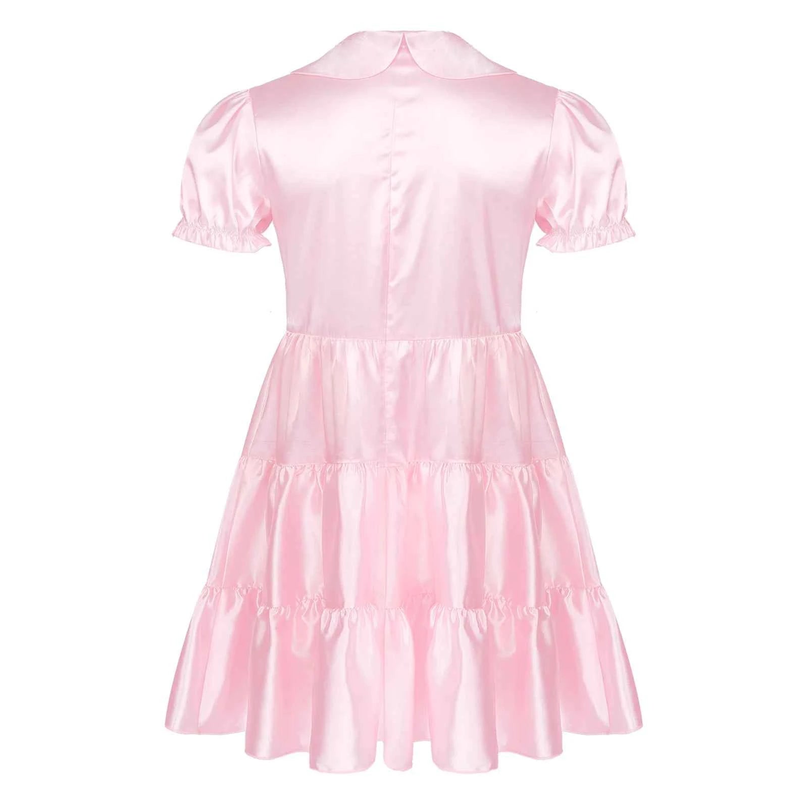 Mens Sissy Crossdress Dress Satin Puff Sleeve Bowknot Ruffle Dress