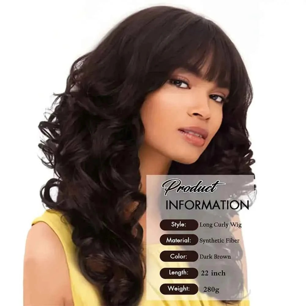 Dark brown women's medium curly wig, made of 22 inch synthetic fiber, for role-playing,parties, and holidays