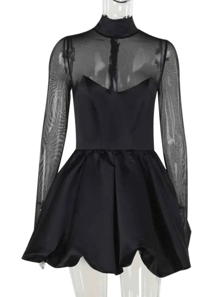 Mozision Turtleneck Sheer Long Sleeve Sexy Mini Dress For Black See Through High Waist A-line Dress