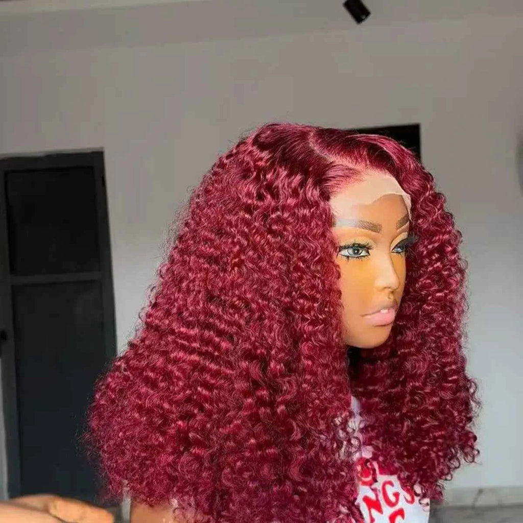 Short Bob Blunt Cut 99J Red Burgundy Color Water Wave 13X4 Lace Frontal Wigs Synthetic Wig Prepluck Bleach Knots Glueless Wig