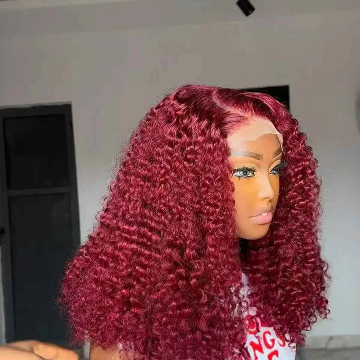 Short Bob Blunt Cut 99J Red Burgundy Color Water Wave 13X4 Lace Frontal Wigs Synthetic Wig Prepluck Bleach Knots Glueless Wig