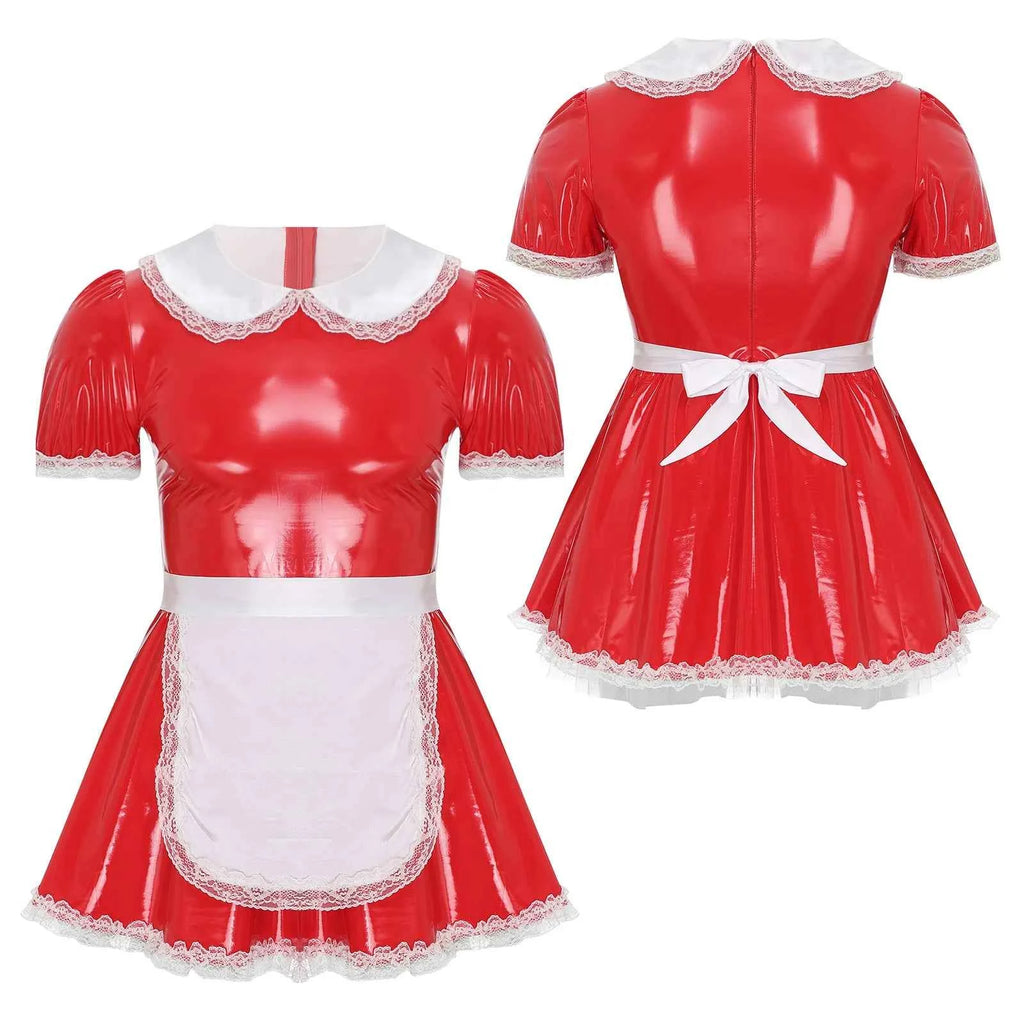 Mens Sissy Servants Maid Dress with Apron Patent Leather A-Line Dress