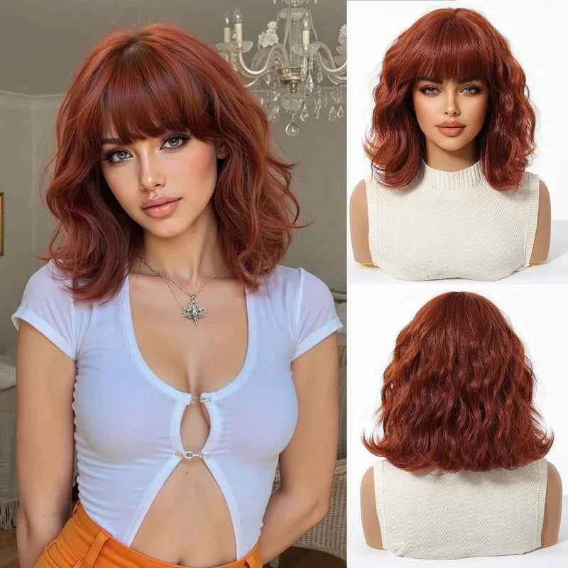 Brown Synthetic Wavy Wig Bangs Medium Length Natural Looking Hair Heat Resistant