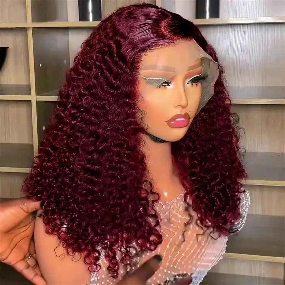 Short Bob Blunt Cut 99J Red Burgundy Color Water Wave 13X4 Lace Frontal Wigs Synthetic Wig Prepluck Bleach Knots Glueless Wig
