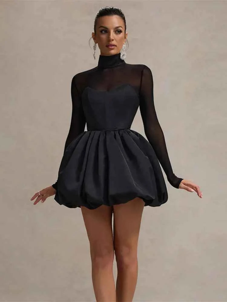 Mozision Turtleneck Sheer Long Sleeve Sexy Mini Dress For Black See Through High Waist A-line Dress