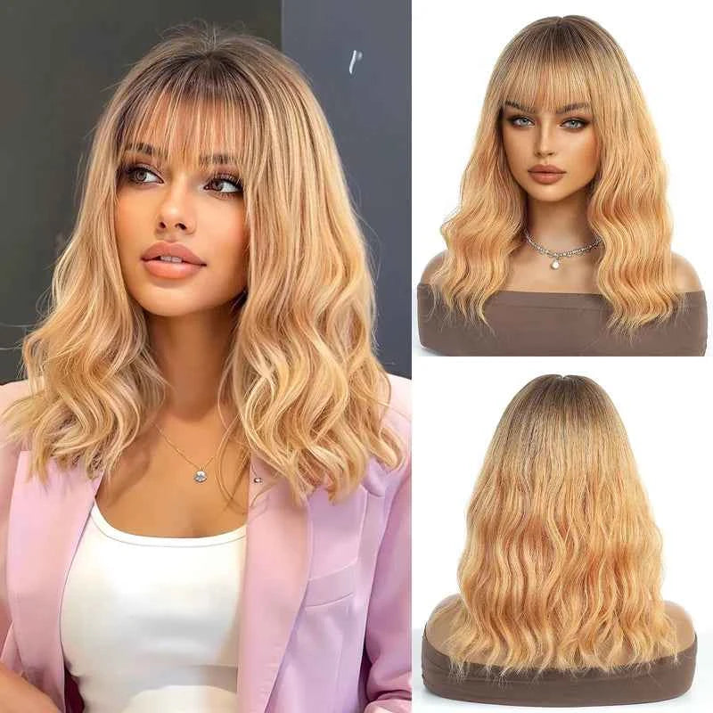 Brown Synthetic Wavy Wig Bangs Medium Length Natural Looking Hair Heat Resistant