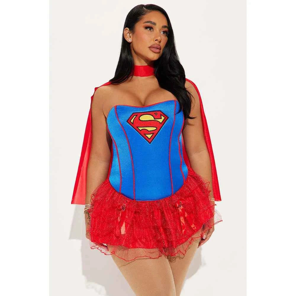 Halloween New Costume  Women With Cloak Supergirl Cosplay Holiday Purim For Adult Kids Birthday Party Dress Up