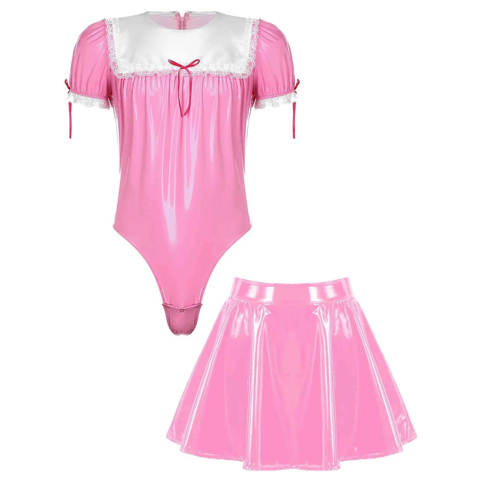 Men Maid Uniform Sissy Set Wetlook Patent Leather Bodysuit Leotard with Flared Skirt Crossdresser