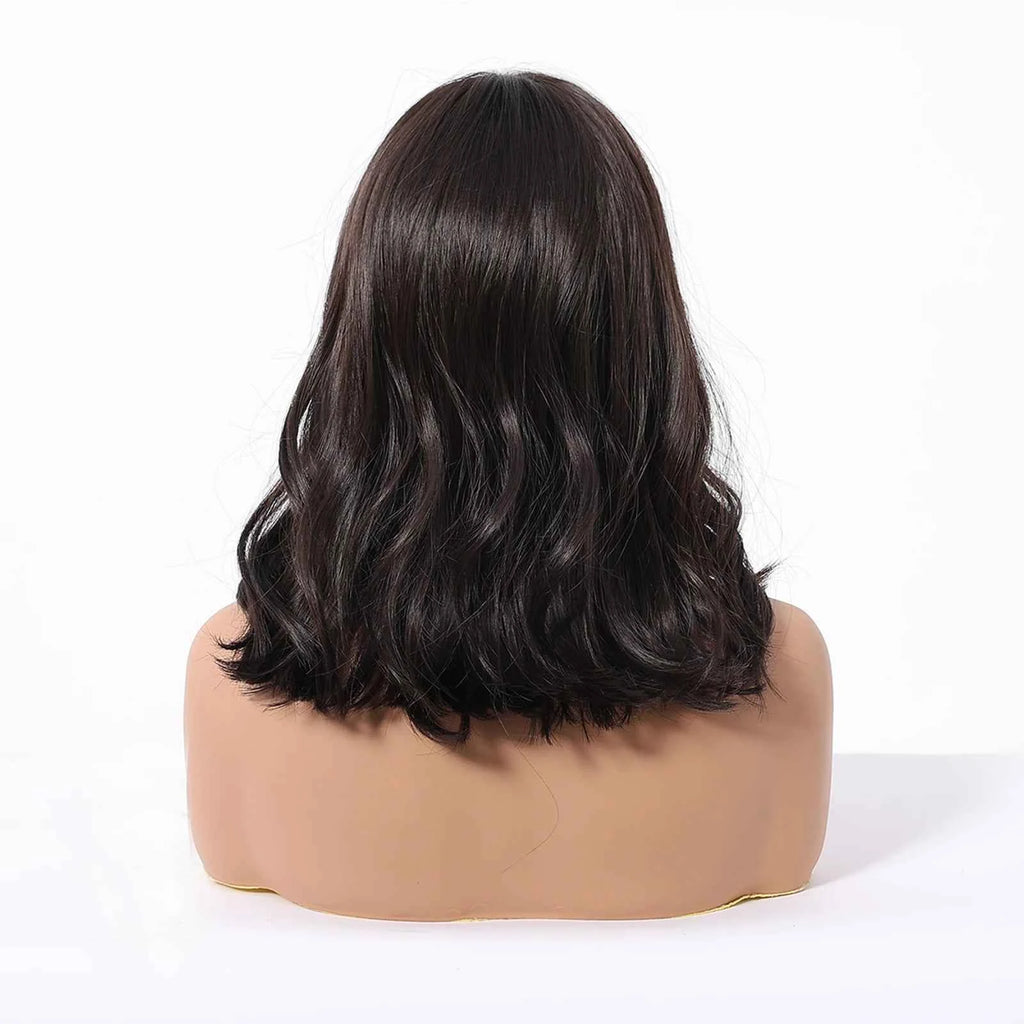 Brown Synthetic Wavy Wig Bangs Medium Length Natural Looking Hair Heat Resistant