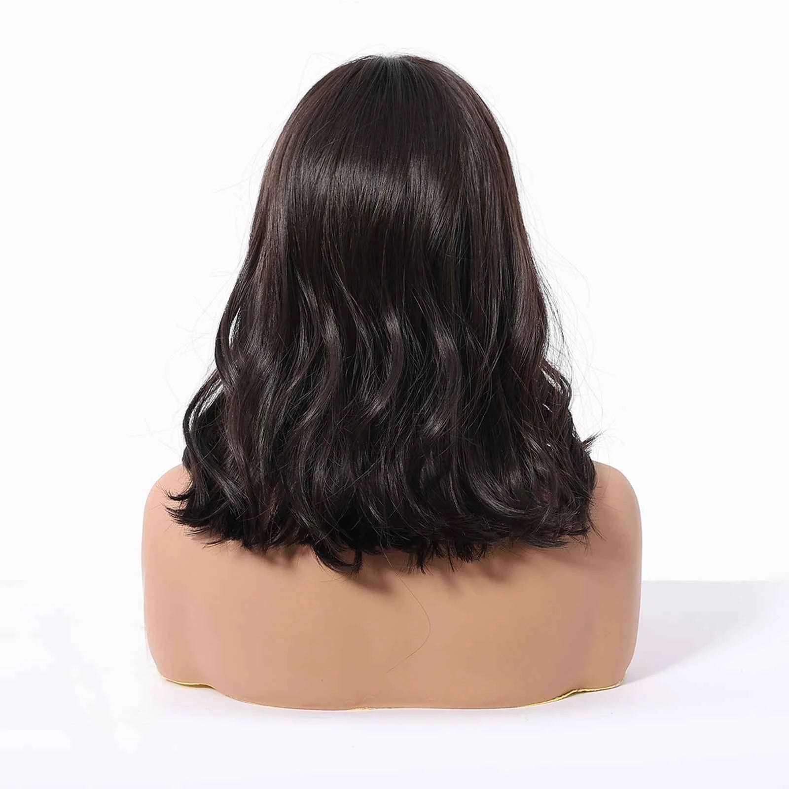 Brown Synthetic Wavy Wig Bangs Medium Length Natural Looking Hair Heat Resistant