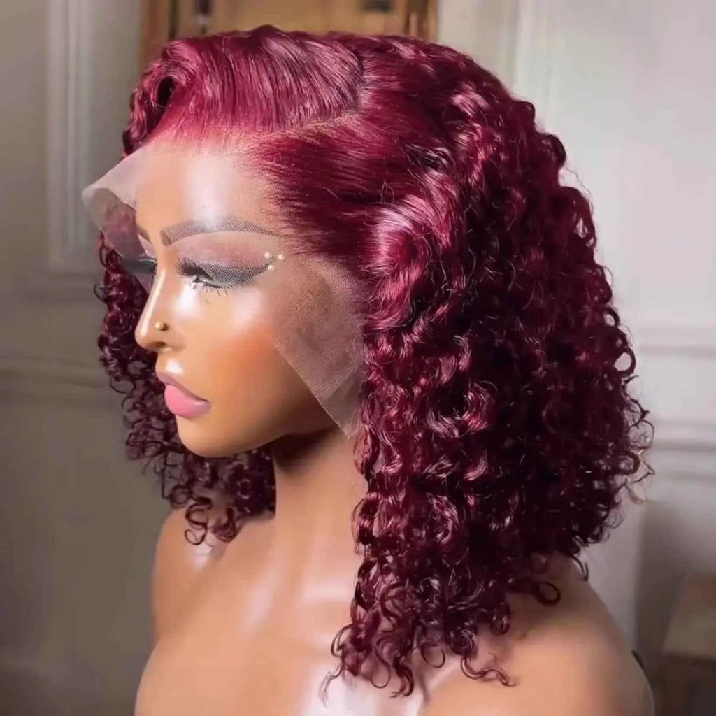 Short Bob Blunt Cut 99J Red Burgundy Color Water Wave 13X4 Lace Frontal Wigs Synthetic Wig Prepluck Bleach Knots Glueless Wig