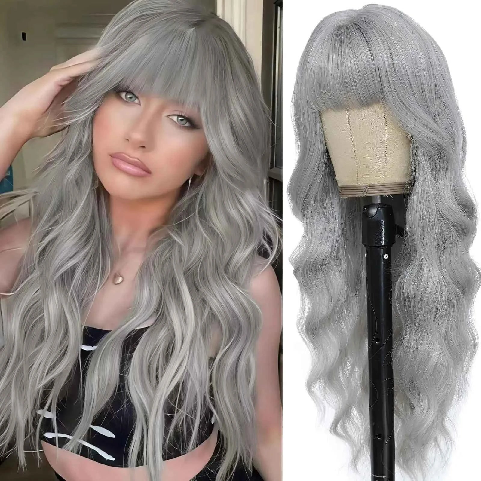 Fashion 26-inch long wavy synthetic wig for daily hair, high-temperature hair fiber wig set