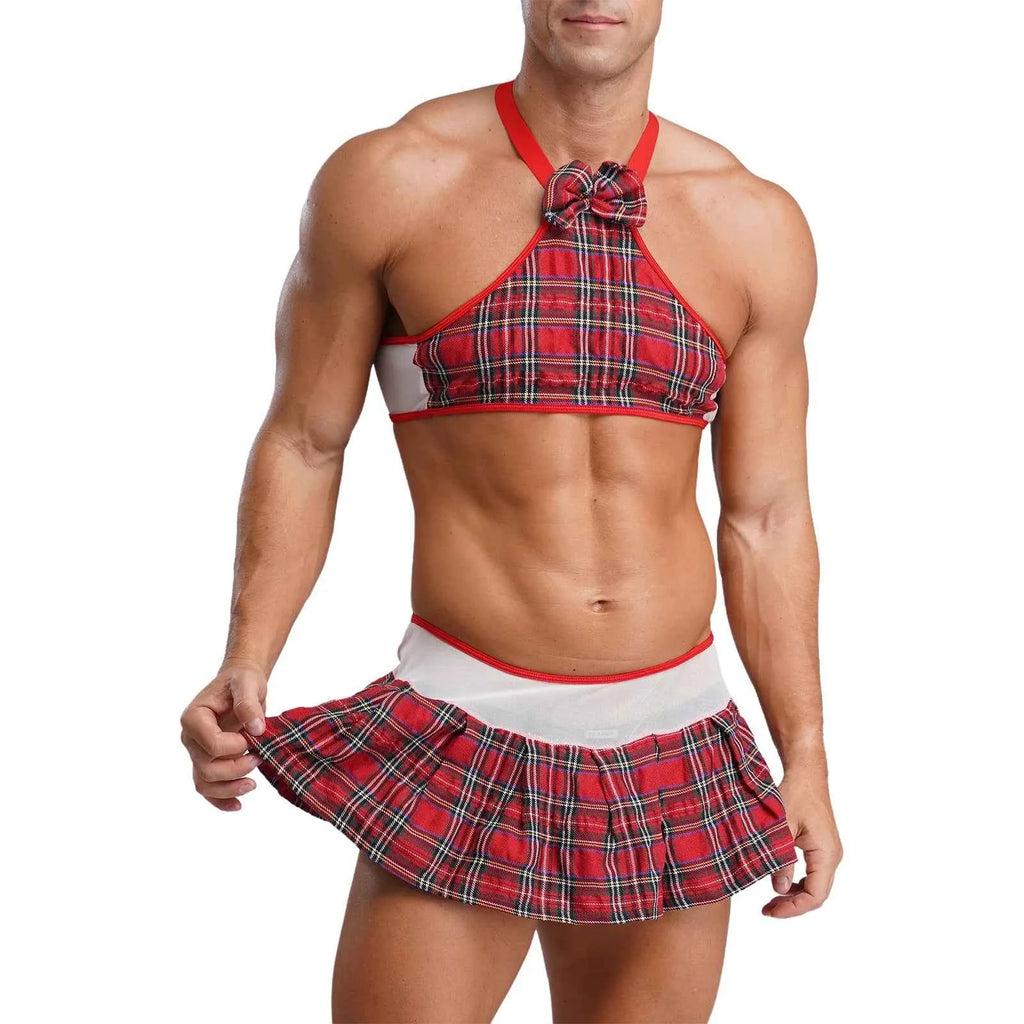 Mens Sissy School girl Set Halter Bow  Crop Top And Pleated Mini Skirt