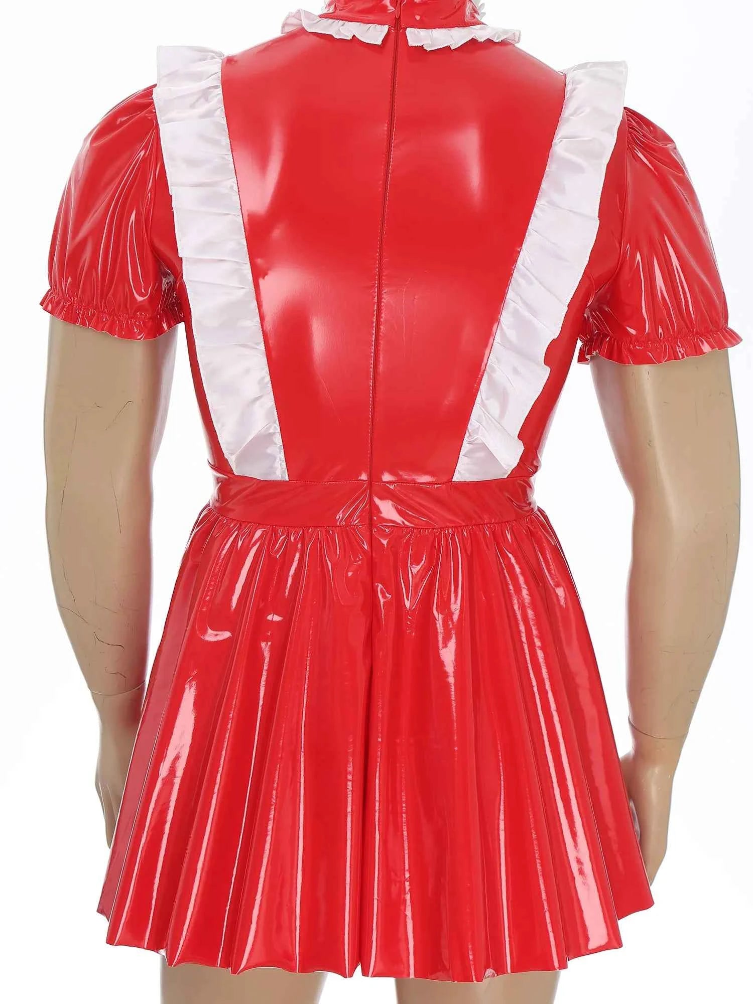 Mens Sexy Sissy Maid Wetlook Latex Ruffles Short Sleeve A Line Dress