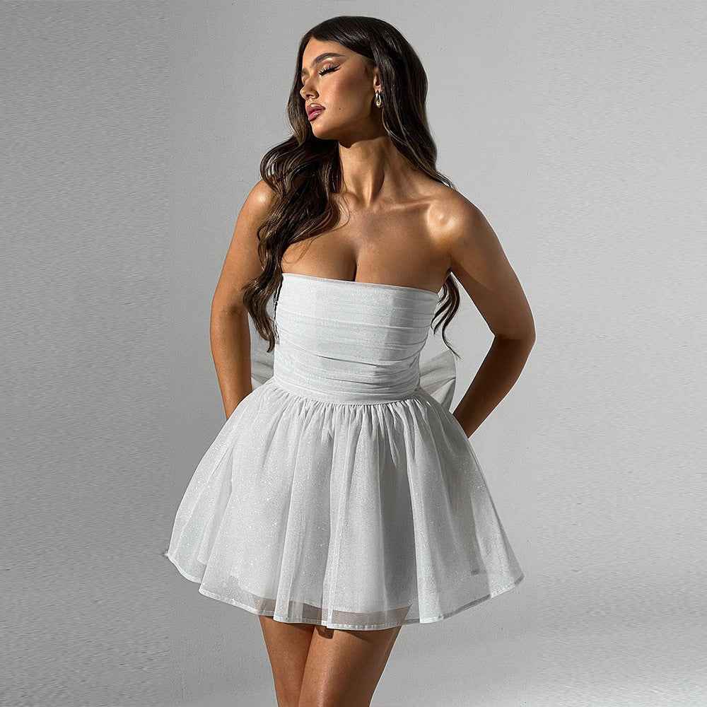 Sleeveless Top Lace Dress With Back Bow-knot Stitching Off-neck Dress