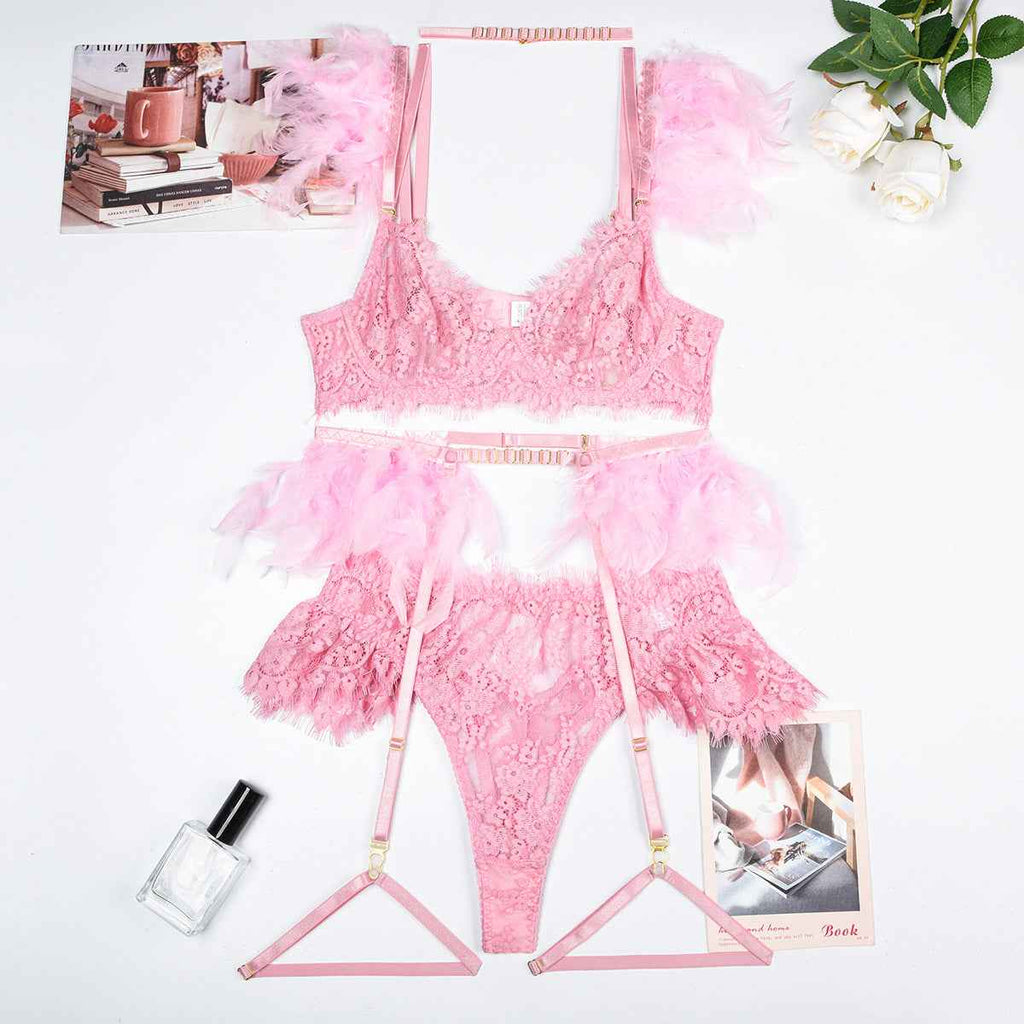 Feather Sexy Lingerie Lace Women Bra Panty Set