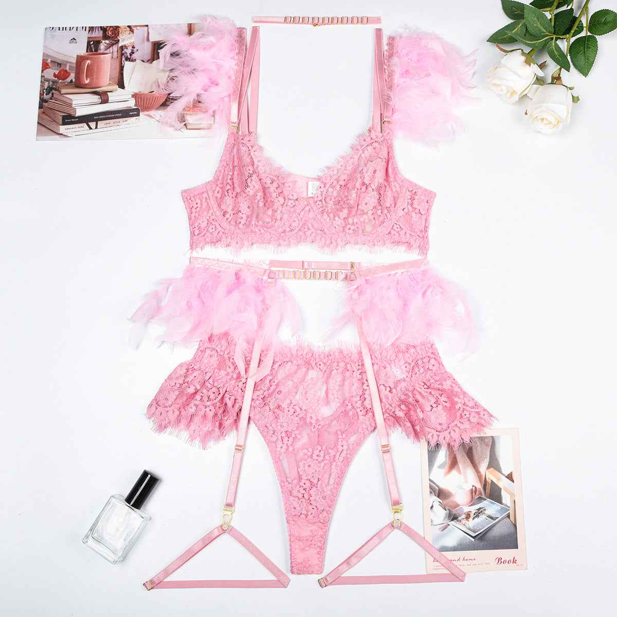 Feather Sexy Lingerie Lace Women Bra Panty Set