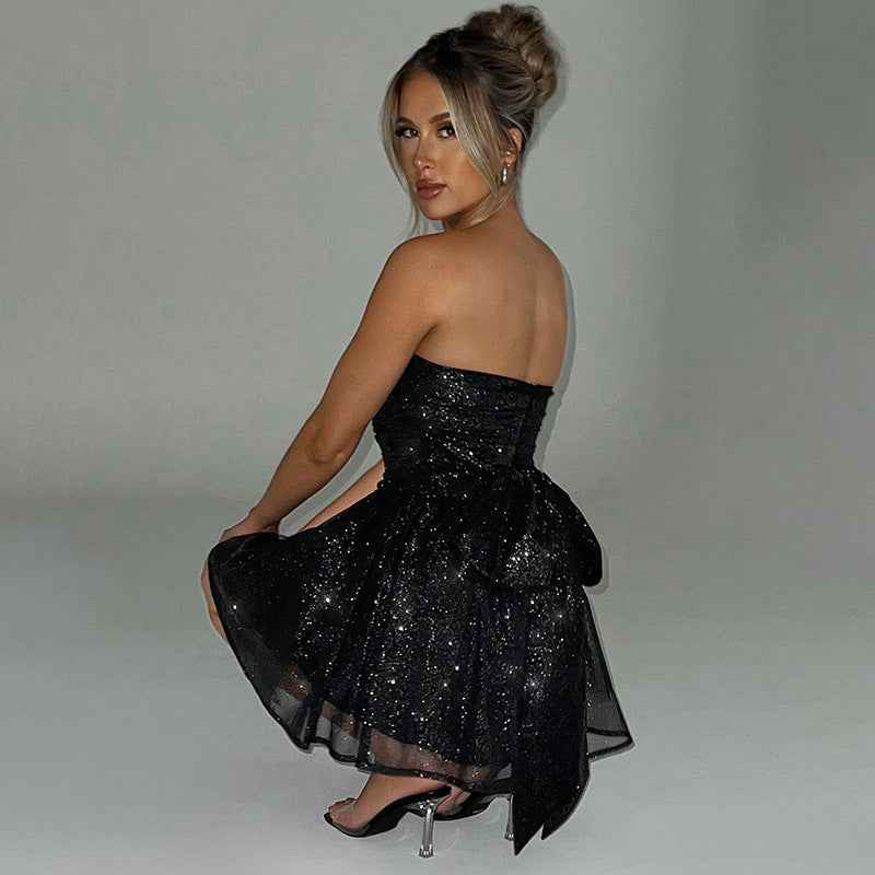 Sleeveless Top Lace Dress With Back Bow-knot Stitching Off-neck Dress