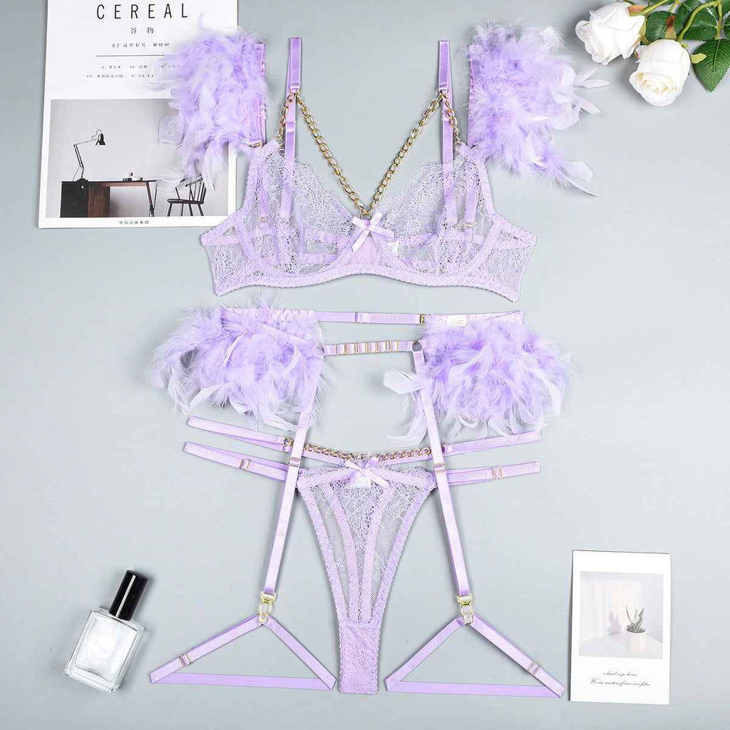 Christma Feather and Chains Lace Sexy Lingerie Set