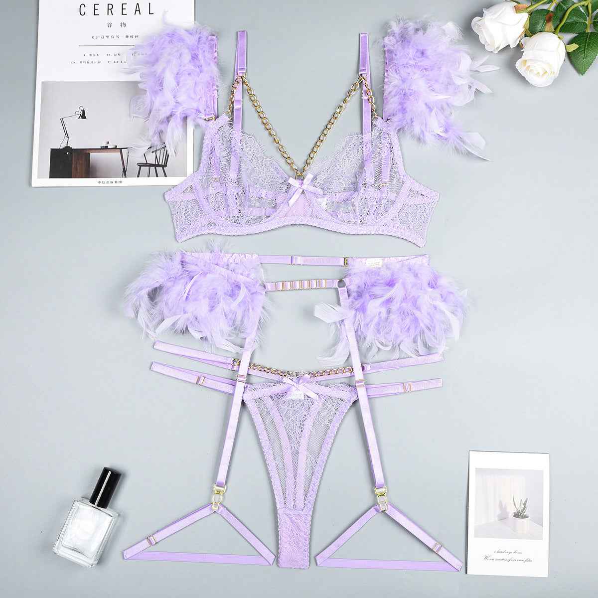 Christma Feather and Chains Lace Sexy Lingerie Set