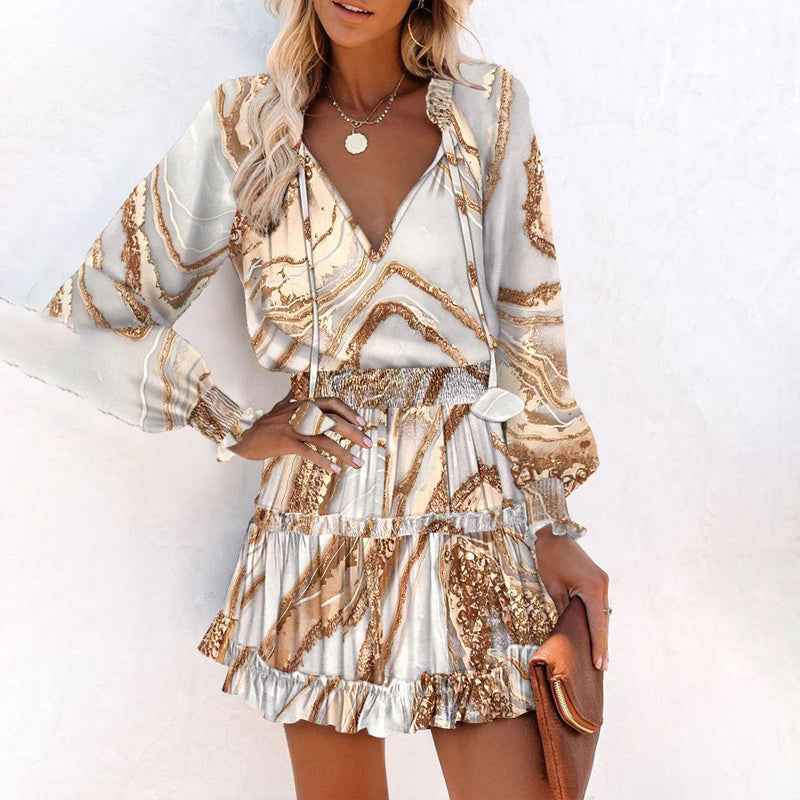 Women's Bohemian Print V-Neck Long Sleeve Dress - Flowy Beach Dress