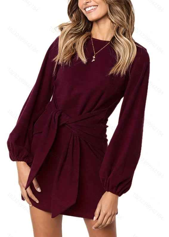 Solid Tie Waist Crew Neck Dress, Lantern Sleeve Dress