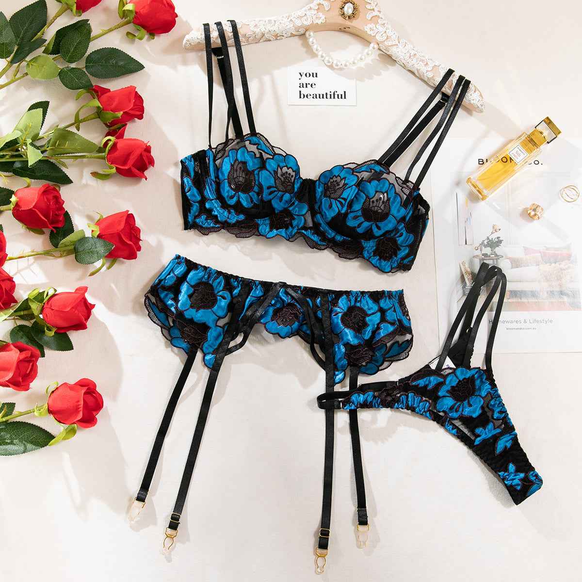 Flower Embroidery Thin Bra Lingerie Three-piece Set with thigh suspenders