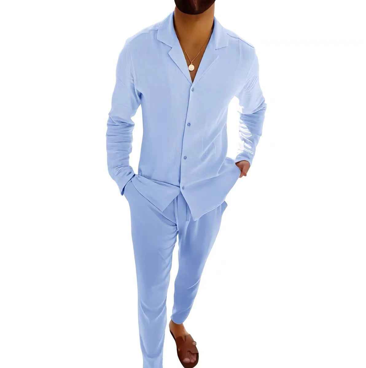 Casual Long-sleeved Suits Lapel Single-breasted Shirt with pants