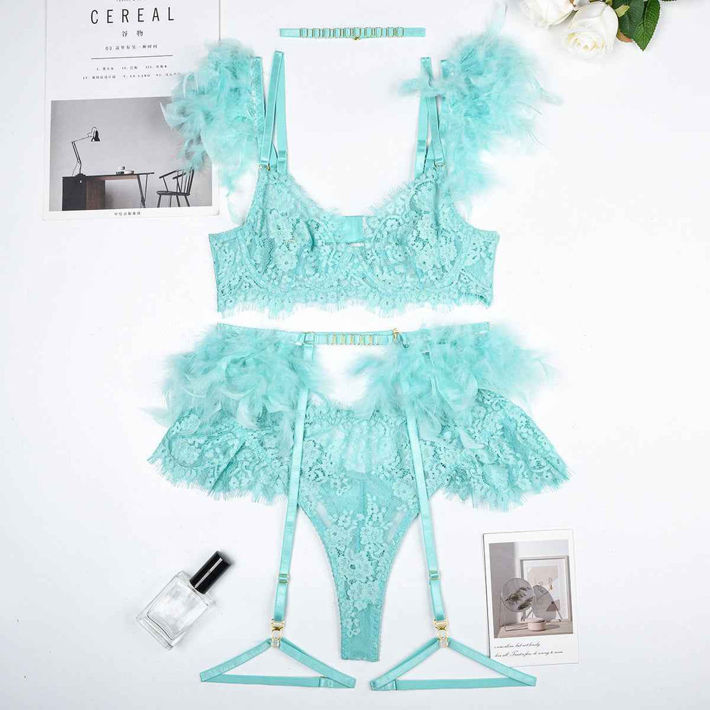 Feather Sexy Lingerie Lace Women Bra Panty Set