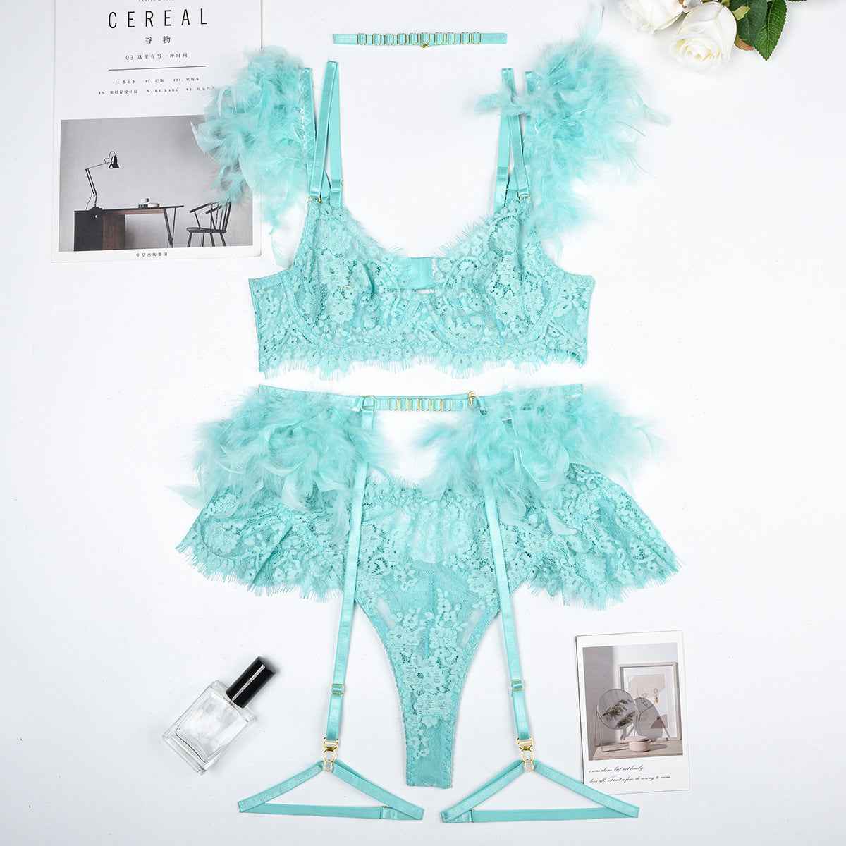 Feather Sexy Lingerie Lace Women Bra Panty Set