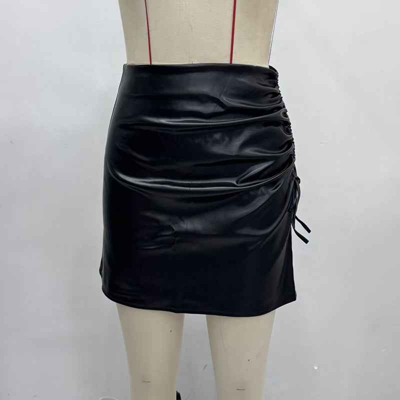 Women's Faux Leather Mini Skirt, Side Slit Ruched Drawstring Bodycon