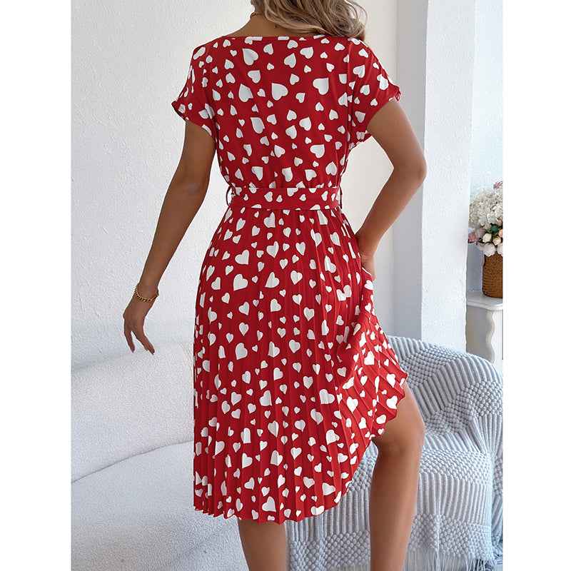 Women's Heart Print Midi Dress - Crew Neck Short Sleeve Belted Pleated Sundress