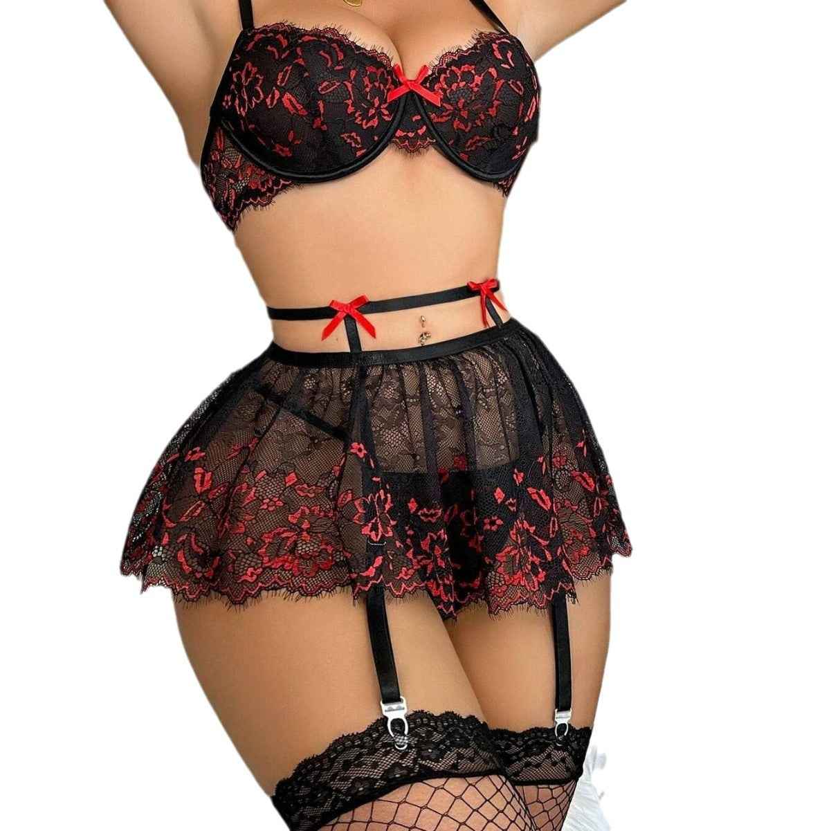 Lace Sexy Backless See-through Lingerie Set Women 4 PCs Set