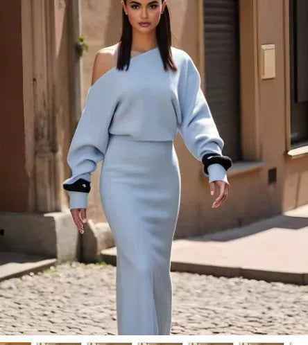 Long Sleeve Knitted Dress Evening Off-shoulder Bodycon Dress