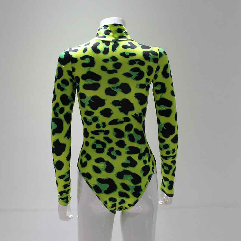 Women's High Collar Long-sleeved Leopard Print Bodysuits