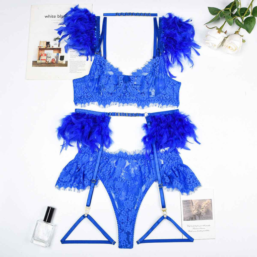 Feather Sexy Lingerie Lace Women Bra Panty Set