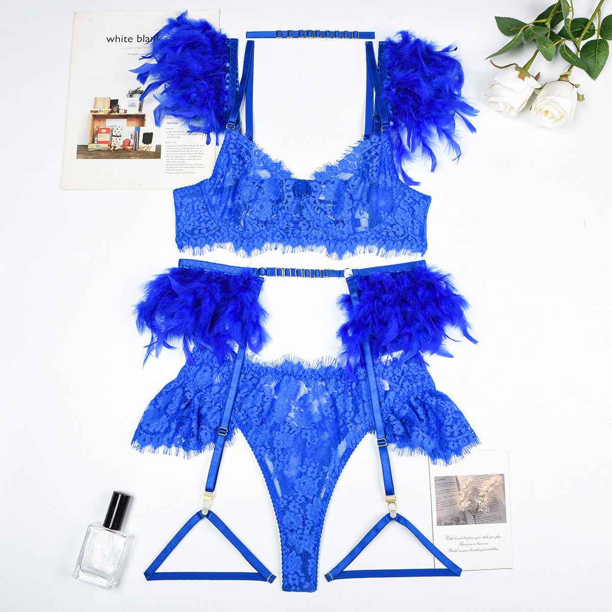 Feather Sexy Lingerie Lace Women Bra Panty Set