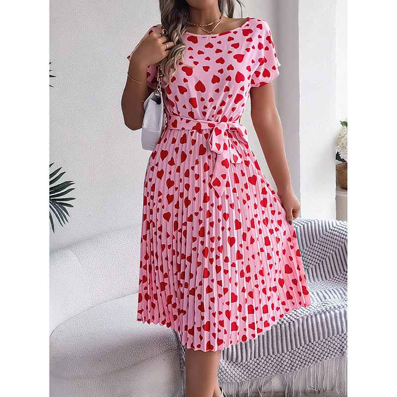 Women's Heart Print Midi Dress - Crew Neck Short Sleeve Belted Pleated Sundress