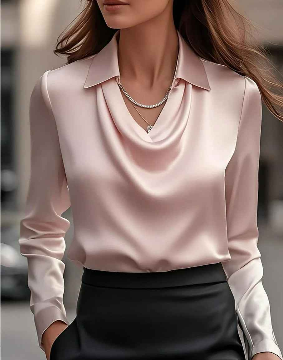 Women's Solid Satin Swing Collar Draped Blouses