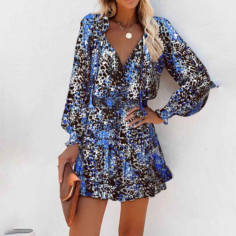 Women's Bohemian Print V-Neck Long Sleeve Dress - Flowy Beach Dress