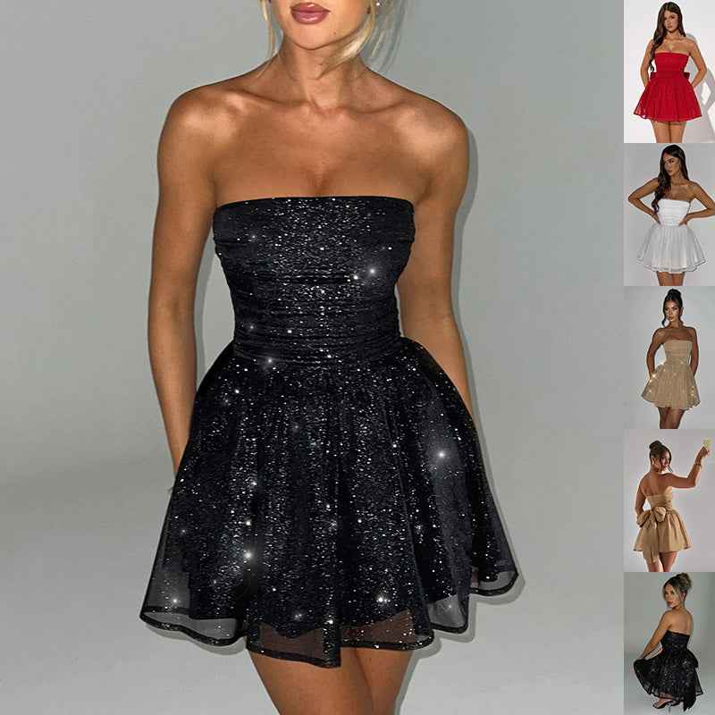 Sleeveless Top Lace Dress With Back Bow-knot Stitching Off-neck Dress