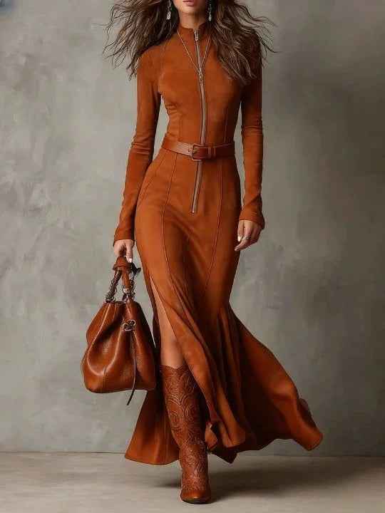 Zipper Split Long-sleeved Dresses Cowboy Retro Women's Clothing