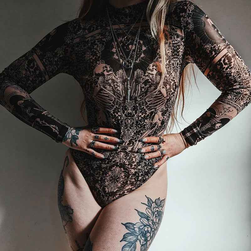 Women's Design Sense Vintage Abstract Print Long-sleeved Bodysuit